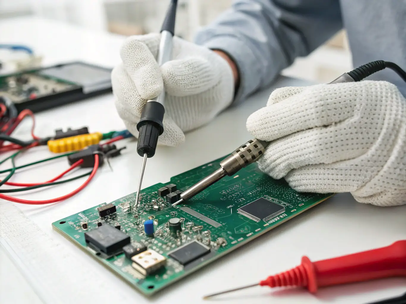 Technician performing BGA reballing process with a hot air rework station in a professional repair environment.