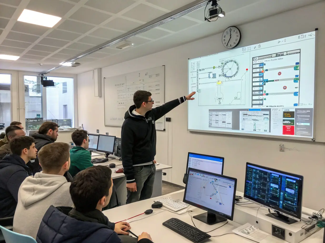 An instructor demonstrating motherboard schematic tracing on a laptop motherboard with professional tools, in a well-lit classroom setting.