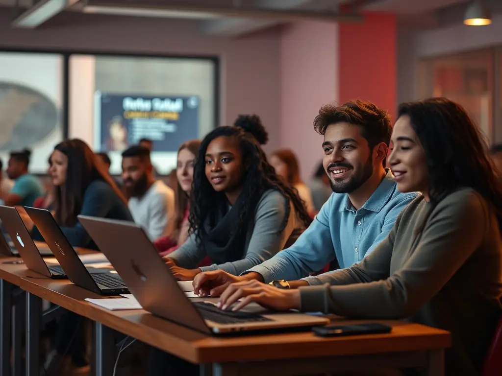 A diverse group of students from different locations participating in a live online training session, highlighting the accessibility of the courses.