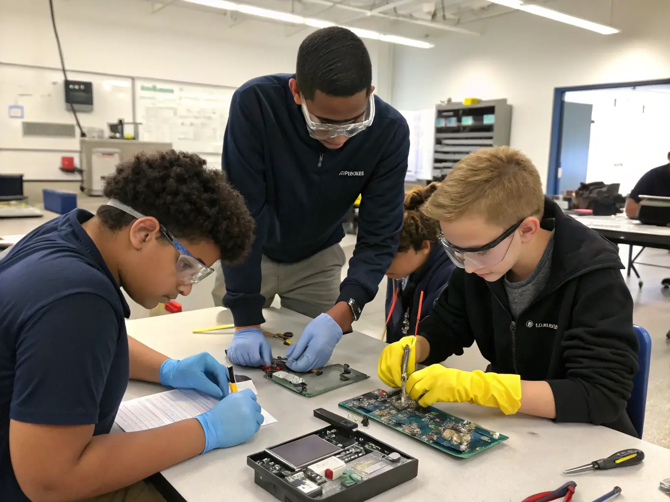 A classroom setting with students attentively watching an instructor demonstrate a laptop motherboard repair technique, emphasizing hands-on learning.
