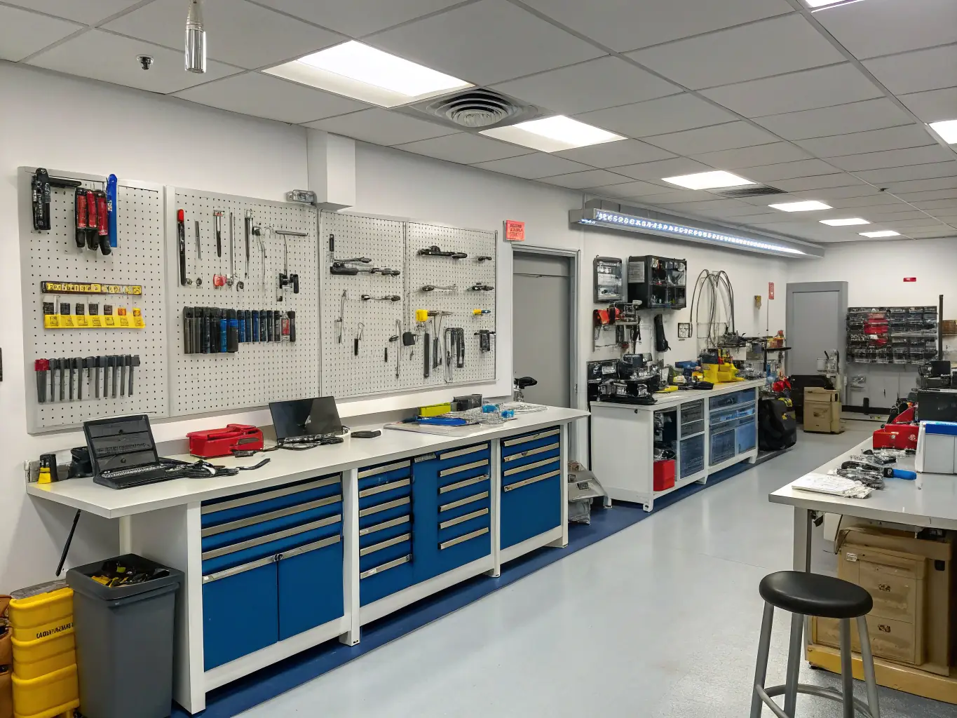 A high-quality image of a well-organized electronics repair workbench featuring a digital multimeter, oscilloscope, and hot air rework station, all neatly arranged and ready for use. The image should convey professionalism and attention to detail.