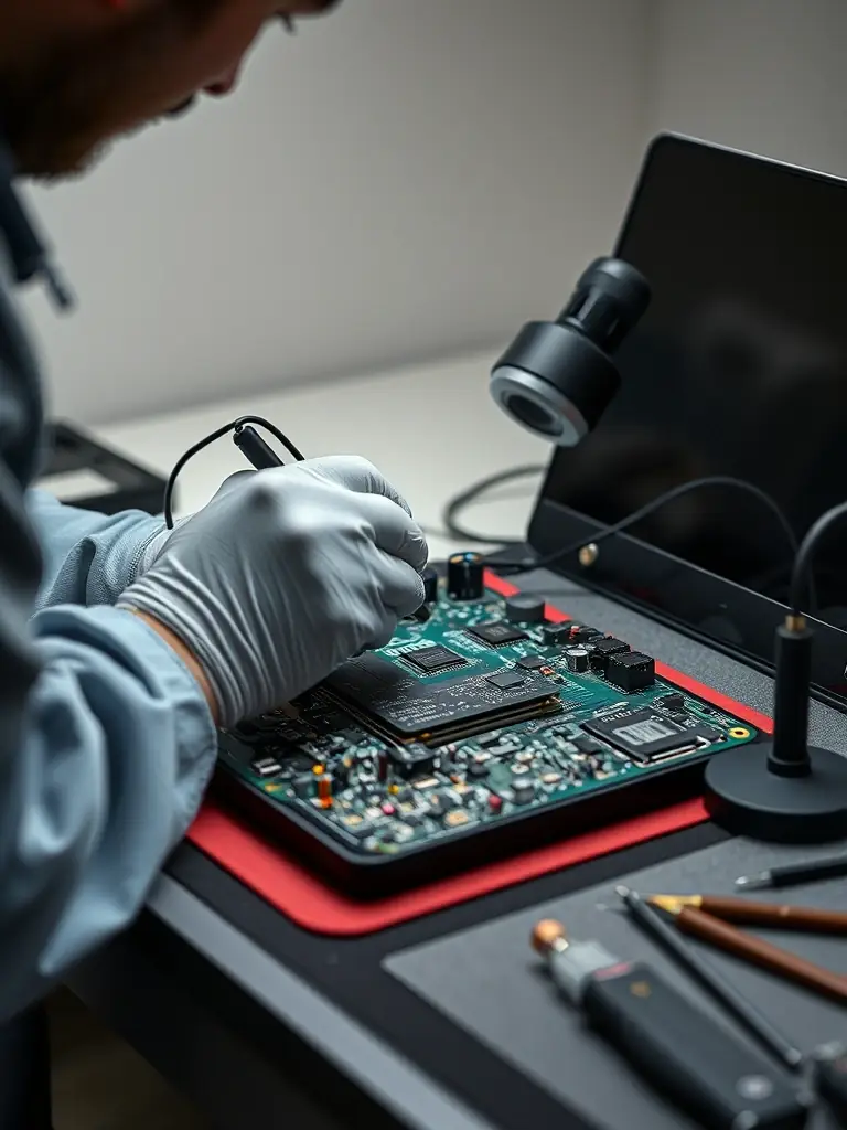 A technician using a BGA rework station to reball a chip on a laptop motherboard, showcasing the precision and skill required for BGA rework and reballing training.