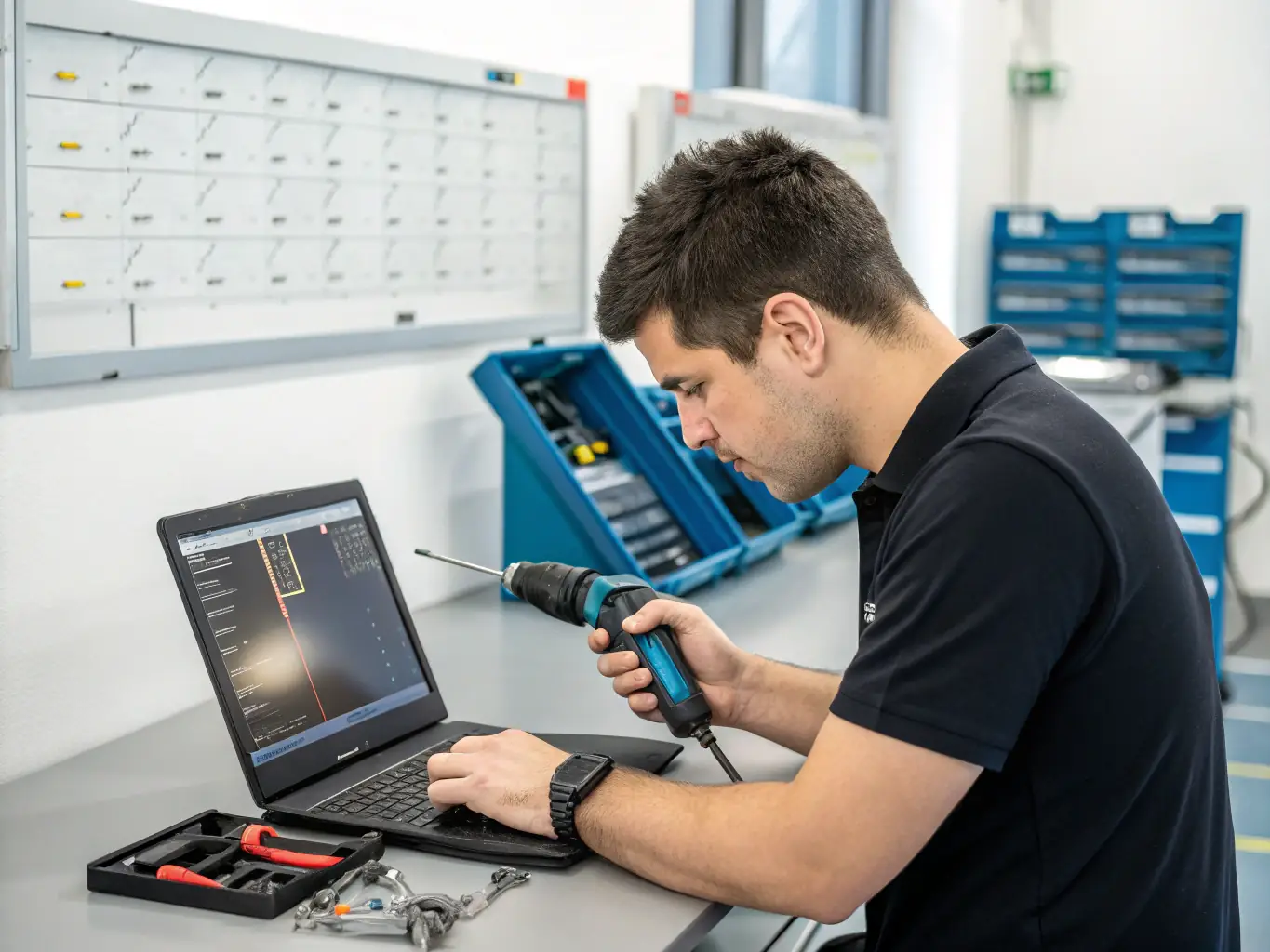 A student working on a laptop motherboard with various tools and equipment, highlighting the practical training aspect.
